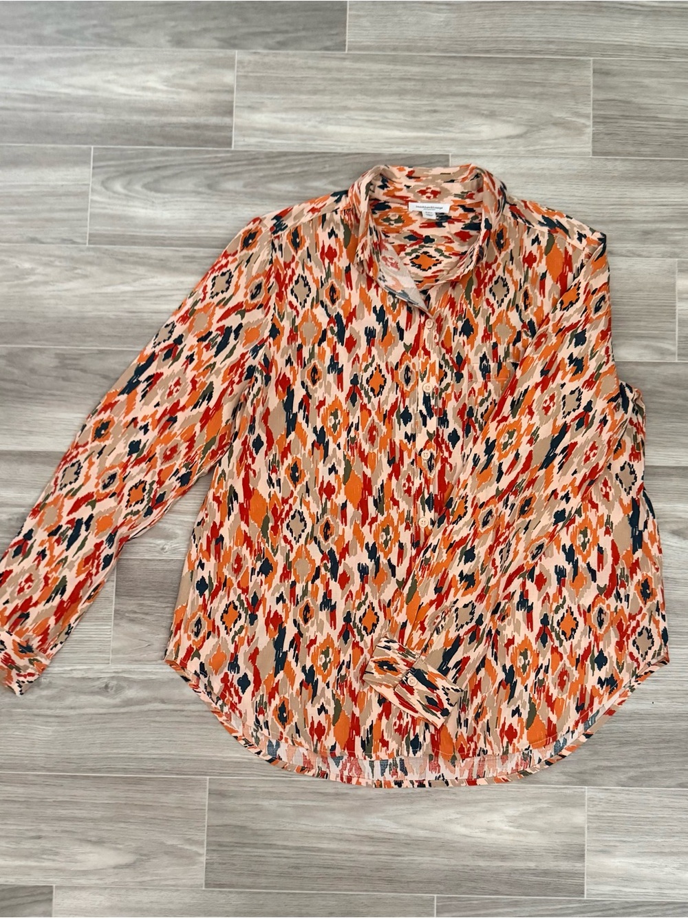 Women's Orange Multi Ikat-Print Button-Down Shirt